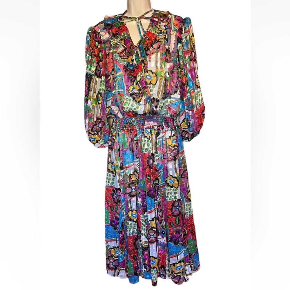 Vintage 80s Tres Jolie Polyester Multicolored Sheer Floral Pleated Dress
